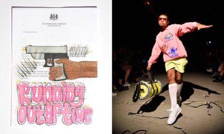 Left: Covid Letter by Ruby, 14, Manchester. Right: Clothes from his Sports Banger label.