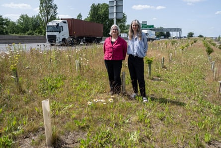 Edna Murphy (left) and Ros Hathorn standing in the grass beside the A14.