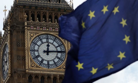 An EU flag flies outside the UK parliament in London