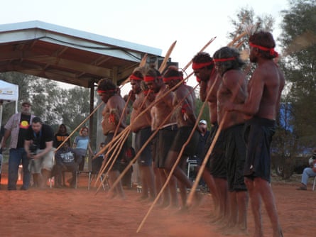 Inmas ceremonial performers from Mutitjulu perform a war dance at the opening ceremony of the national convention on constitutional recognition.