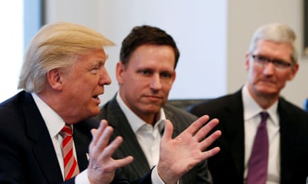 Peter Thiel (center) with Apple CEO Tim Cook at a summit of technology leaders with Donald Trump in December 2016.
