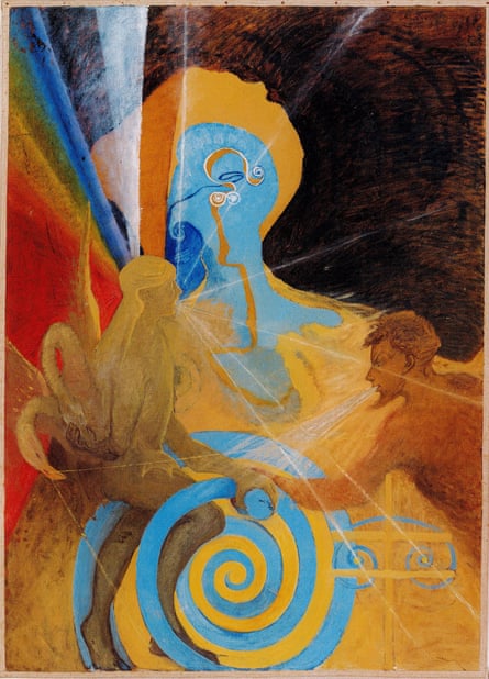 Two abstract naked figures hold hands on a background of different coloured triangular and spiral shapes