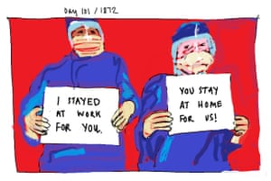 Healthcare workers with signs reading 'I stayed at work for you... you stay at home for us!'