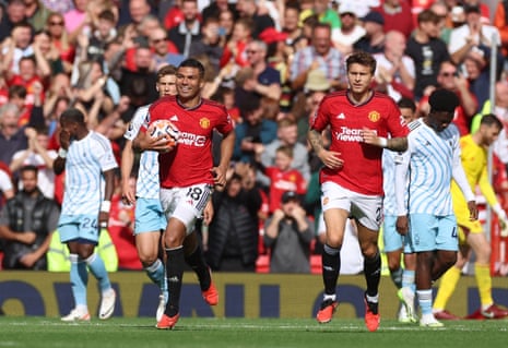 Manchester United’s Casemiro celebrates scoring their second goal with Victor Lindelof to put the home side level against Nottingham Forest.
