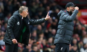 Manchester United’s manager Ole Gunnar Solskjær and his Liverpool counterpart Jürgen Klopp during last October’s 1-1 draw at Old Trafford.