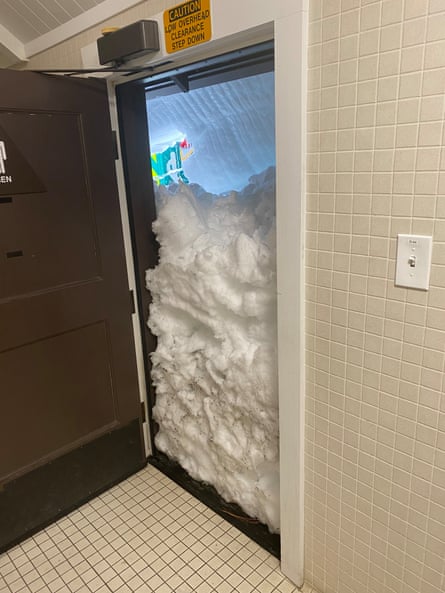 Snow outside the bathroom door in Yosemite National Park.