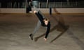 Ilia Malinin, a 19-year-old Virginia native and American competitive figure skater, demonstrates a jump as he poses for a portrait at SkateQuest in Reston, VA, on Tuesday, April 16, 2024. Malinin won his first world title at the 2024 World Figure Skating Championships. Malinin trains at SkateQuest and is coached by Malinin’s parents, Tatiana Malinina and Roman Skornyakov, who are former international competitors for Azerbaijan.