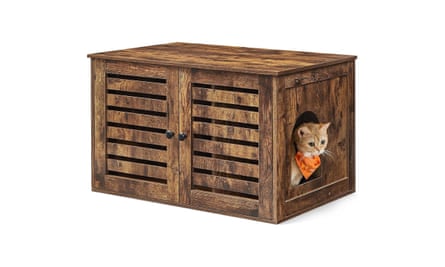 A ginger cat pops its head out of a wooden cat litter box cabinet.
