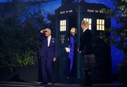 Prince Charles steps out of a Tardis at the opening ceremony of the Glasgow 2026 Commonwealth Games.