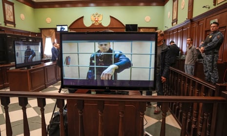 Navalny appearing via video link from prison at Moscow city court