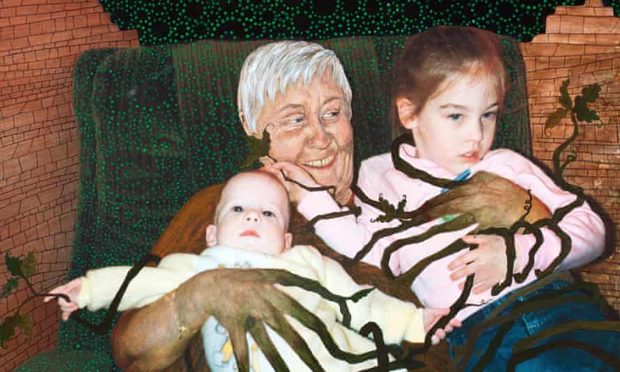 A 2009 piece by Johnson paints over an image of her grandmother smiling as she balances her two grandchildren in her lap.