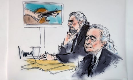 Led Zeppelin singer Robert Plant and guitarist Jimmy Page are drawn sitting in federal court for the Stairway to Heaven hearing.