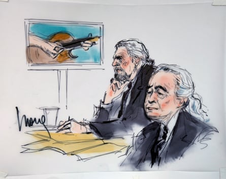 A courtroom sketch of Plant (left) and Page.