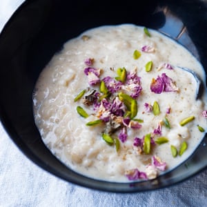 Cardamom rice pudding with pistachio and rose water.