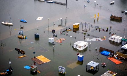 Caravans and campers under water in Roermond, the Netherlands, due to heavy flooding on 15 July.