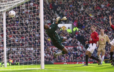 Hislop is unable to stop a David Beckham free-kick flying past him while playing for Portsmouth in an FA Cup third-round tie in 2003.