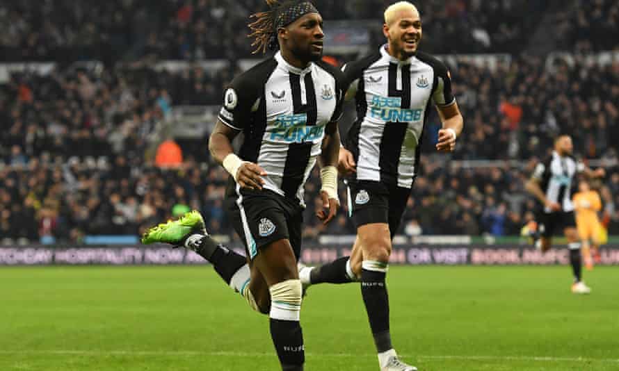 Allan Saint-Maximin of Newcastle United celebrates scoring their first goal against Watford.