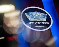 The Pentagon logo is seen behind the podium in the briefing room in Arlington, Virginia on 8 January 2020.