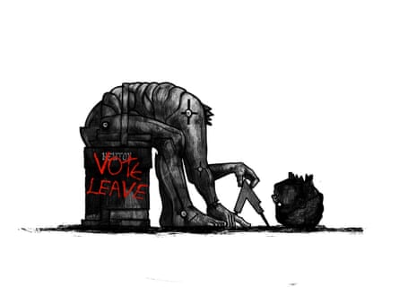 Illustration by David Foldvariof Newton's statue, headless, with 'VOTE LEAVE' graffiti