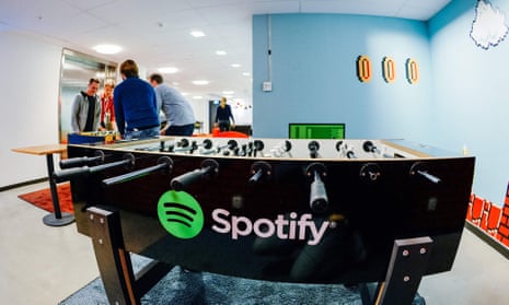In this file photo taken on February 18, 2015 the Spotify logo is pictured on a football table placed in a playroom at the company headquarters in Stockholm.