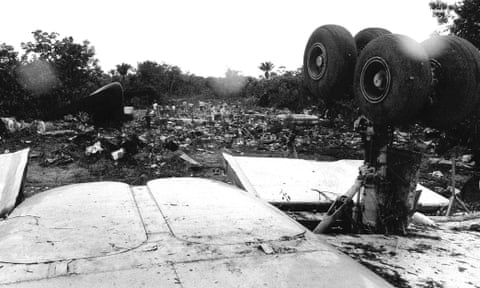 Wreckage from Surinam Airways Flight 764 after the crash in Paramaribo, Suriname in 1989.