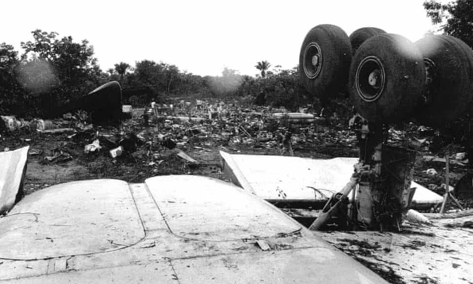 Wreckage from Surinam Airways Flight 764 after the crash in Paramaribo, Suriname in 1989.