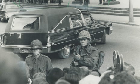 Canadian soldiers guard the funeral cortege of Quebec’s deputy prime minister, Pierre Laporte, who was murdered by FLQ separatists.