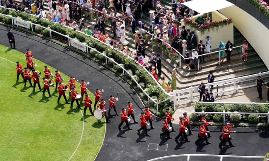 A band leaves the parade ring after performing during day three of Royal Ascot.