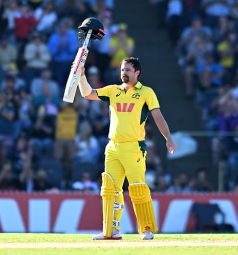 Travis Head celebrates his century at Great Barrier Reef Arena