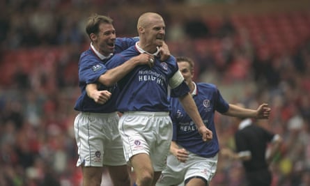 Sean Dyche of Chesterfield receives the congratulations for his goal during the FA Cup semi-final against Middlesbrough in 1997.