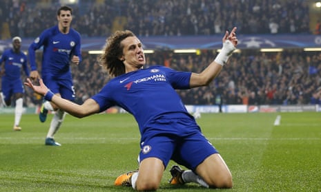 Chelsea’s David Luiz celebrates after scoring the opener in the Champions League group match against Roma.
