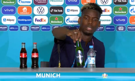 Euro 2020<br>Handout grab from video issued by UEFA 2021 of Paul Pogba removing a Heineken bottle from the press conference table at Euro 2020. PA Photo. 
Issue date: Wednesday June 16, 2021. See PA story SOCCER France Pogba. Photo credit should read: UEFA 2021/PA Wire
NOTE TO EDITORS: This handout photo may only be used in for editorial reporting purposes for the contemporaneous illustration of events, things or the people in the image or facts mentioned in the caption. Reuse of the picture may require further permission from the copyright holder.