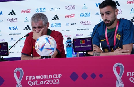 Portugal boss Fernando Santos (left) and Bruno Fernandes attend yesterday's press conference.