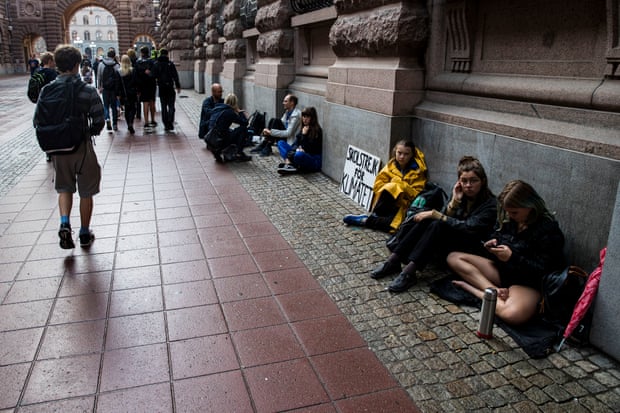 Greta Thunberg and friends outside the Swedish parliament