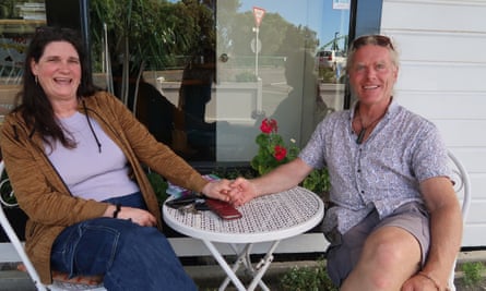 Marianne Navon and Andrew Clancey outside their cafe, Little Dove, in Nelson, New Zealand, in March 2023