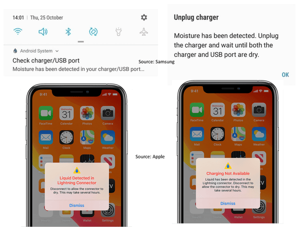 os telefones Samsung e Apple de nova geração têm uma notificação de alerta de umidade / líquido. Samsung / Apple