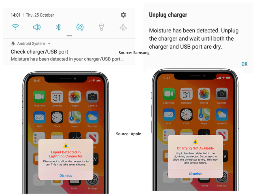 Los teléfonos Samsung y Apple de nueva generación tienen una notificación de alerta de humedad / líquido.  Samsung / Apple