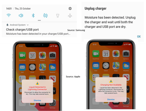 New generation Samsung and Apple phones have a moisture/liquid alert notification. Samsung/Apple