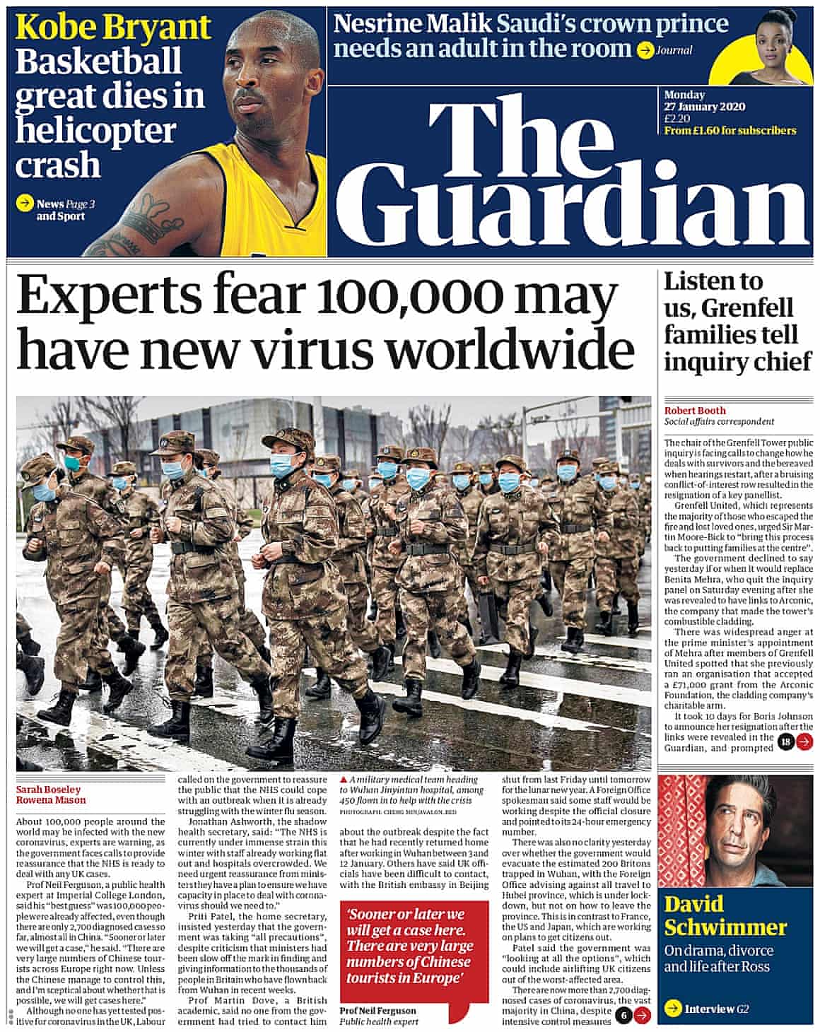 Guardian front page, Monday 27 January 2020