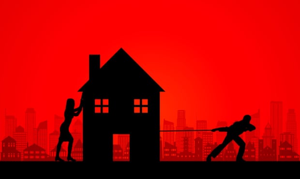 Illustration shows silhouette of a woman, a house and a man; the man is pulling the house in his direction