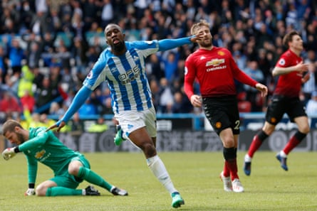 May 5: Isaac Mbenza of Huddersfield celebrates his goal against Manchester United at John Smith’s Stadium.