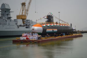 The Indian navy’s Vagsheer, the sixth and final submarine of its Project 75, undergoes sea trials during its launch ceremony at the Mazagon Dock shipyard