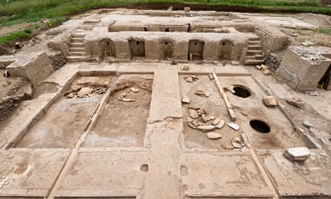 View of the excavated winery from the northern dining hall. Five niches with fountains that conveyed wine are visible above the cellar area (photo: S. Castellani, from Dodd et al. 2023).