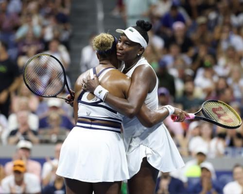 Williams sisters Serena and Venus embrace after their defeat to Maya Joint and Hao-Ching Chan in a first-round women’s doubles match at the 2026 US Open