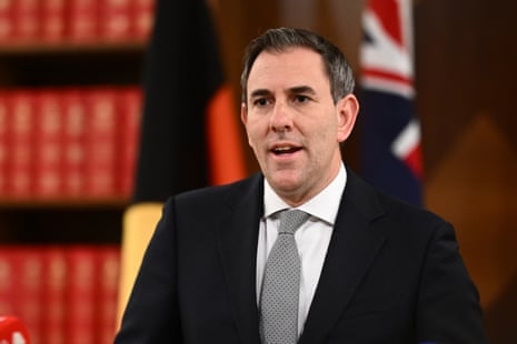 The treasurer, Jim Chalmers, speaks to reporters