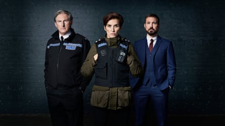 Martin Compston alongside Adrian Dunbar and Vicky McClure in Line of Duty.