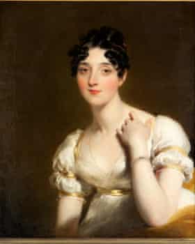Marianne Patterson by Sir Thomas Lawrence, 1818. Half-length portrait.  She wears a vintage white dress with puff sleeves and a high waist.