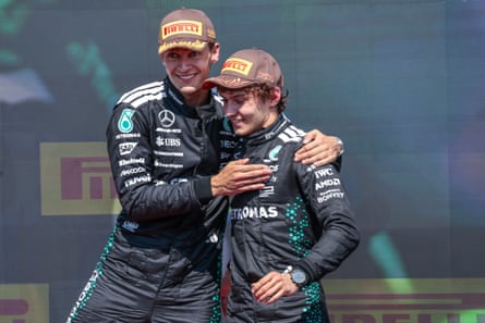 George Russell and Mercedes teammate Kimi Antonelli celebrate on the podium.