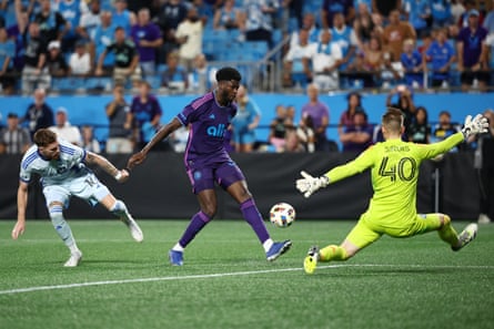 Charlotte FC’s Patrick Agyemang, center, has notched nine non-penalty goals and three assists in 1,756 minutes.