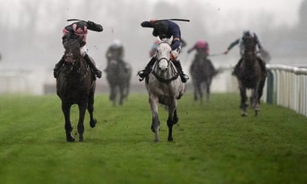 Hill Sixteen (left), finishing second in the Becher Chase over the National fences in 2021.
